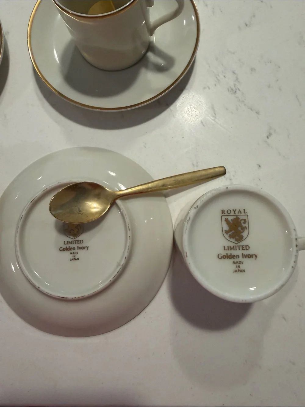 Vintage Royal Golden Ivory Tea Cup & Saucer Set spoons w Gold Trim (Set of 4)